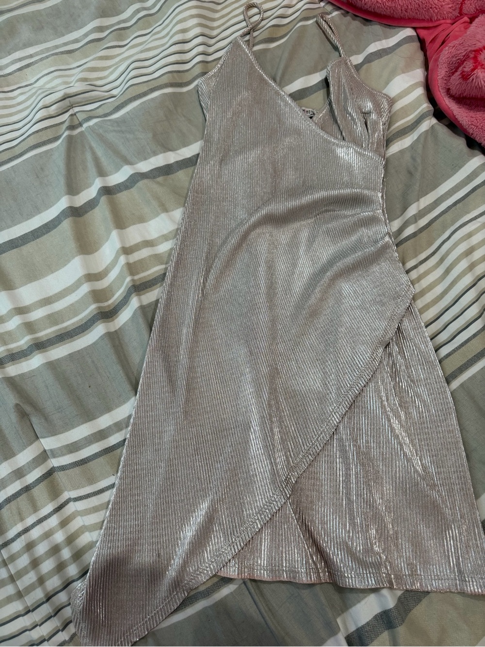 Fashion Nova Silver Metallic Asymmetrical Slip Dress